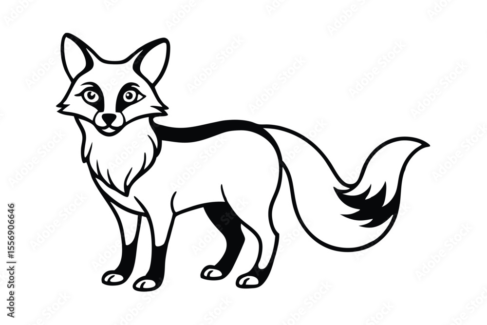 Outlined fox with thick fur stands attentively, looking toward the left side Outlined fox with thick fur stands attentively, looking toward the left side