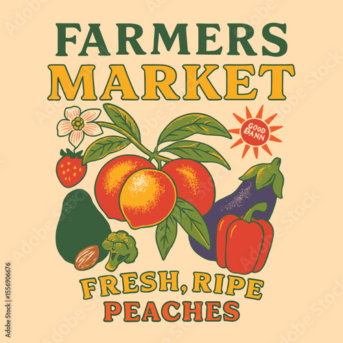 Organic Food Vector Vintage Graphic, Women's Grunge T-Shirt Design, Retro Typographic Slogan Print, Farmers Market Art, Summer Fruit Vibes Illustration