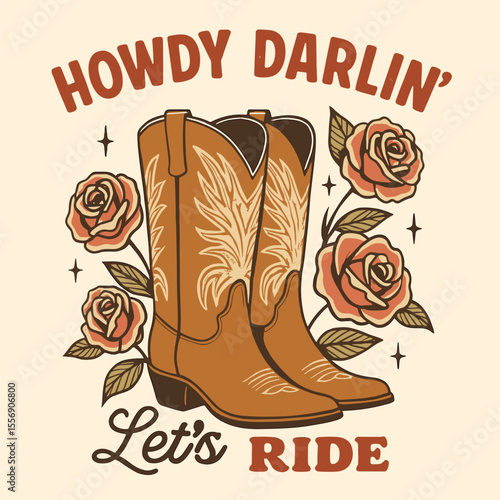 Vintage Cowgirl Boot Hand Drawn Design, Howdy Lets Get Rowdy Typography Tee, Retro Western Summer T-Shirt with Cactus Art