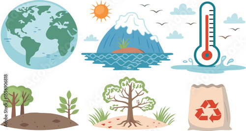set of icons of global warming Colorful flat Icon Set of Global Environmental Issues on White Background Includes Climate Change, Rising Temperature, Melting Glacier, Deforestation.