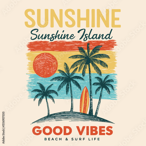Sunshine Paradise Tropical Print Design Beach Wave Art Surf Board Summer Abstract Slogan T Shirt Island Fashion Graphics