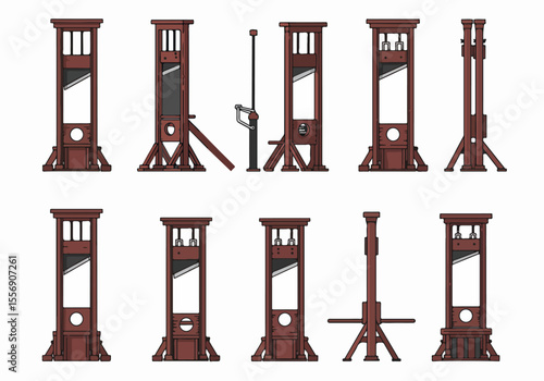 Set of Cartoon Vector Illustrations of Guillotine Execution Instruments from Various Angles and Views, Depicting Historical Capital Punishment Devices