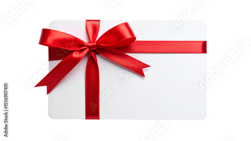 Blank white gift card with red ribbon band isolated on white or transparent png