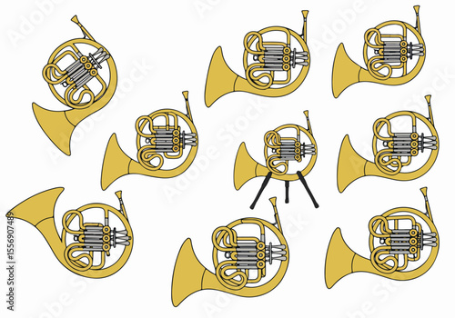 Seamless pattern illustration of multiple gold French horns scattered on a white background, classic orchestral brass wind instruments.