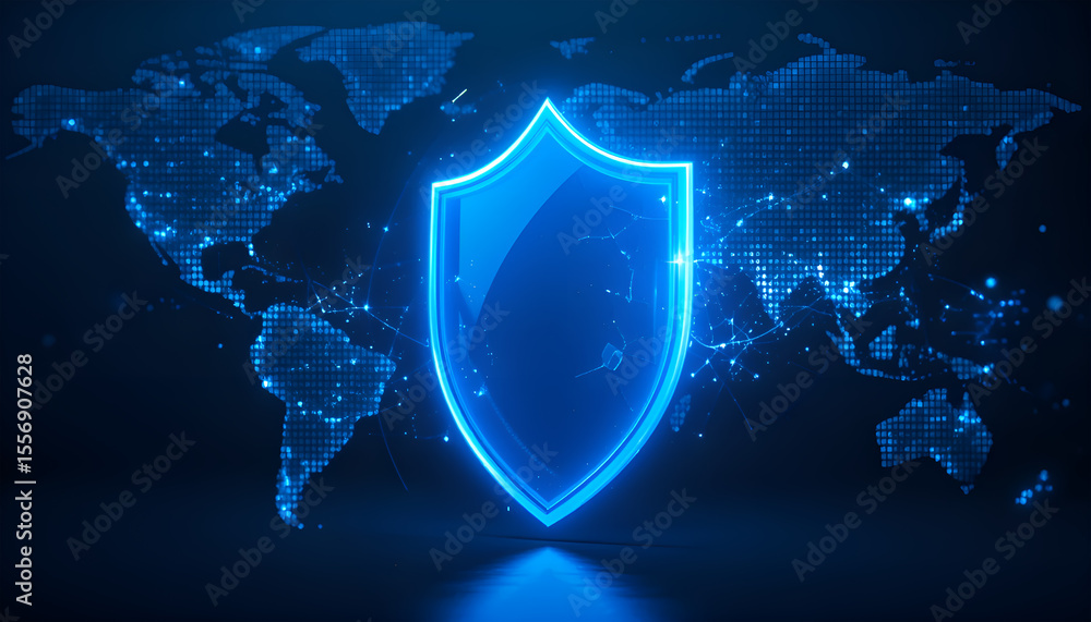 Fototapeta premium Glowing blue shield protects digital world map with glowing connections and data points