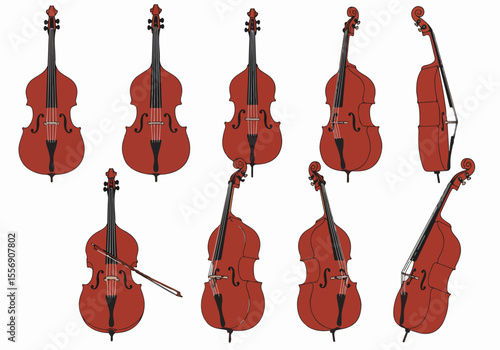 Vector illustrations of a double bass from various angles, including one with a bow, isolated on a white background.