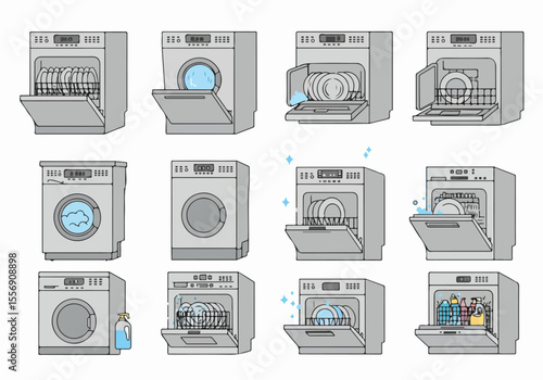 Illustrations of Dishwashers and Washing Machines Showing Various Stages of Operation and States