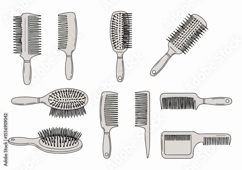 Set of various hair combs and brushes vector illustration on white background, perfect for beauty and styling concepts.
