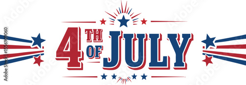 A dynamic "4th of July" graphic with red and blue bold text, framed by star-spangled banners and accented with radiating starbursts, all on a white background