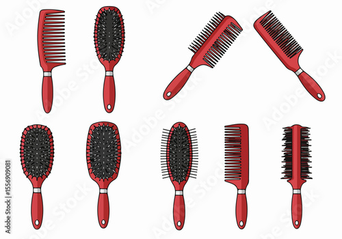 Set of Red Hair Brushes and Combs, Various Types for Styling and Grooming