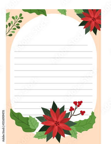 Floral Christmas Notepaper Template Printable Design with Poinsettias and Holly