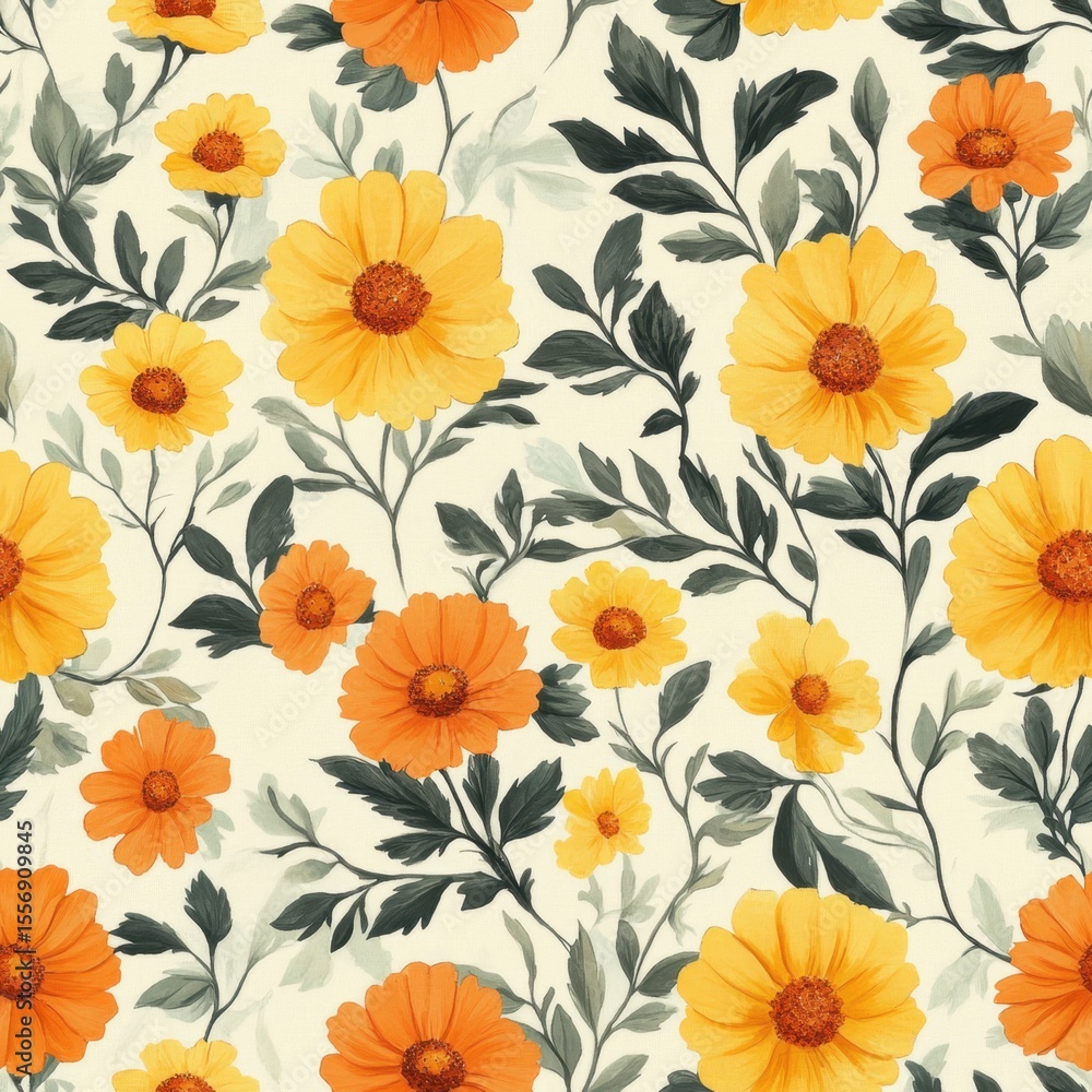 A seamless pattern with realistic mini marigolds, mesmerizing and vibrant, minimalist design, soft colors A seamless pattern with realistic mini marigolds, mesmerizing and vibrant, minimalist design, soft colors