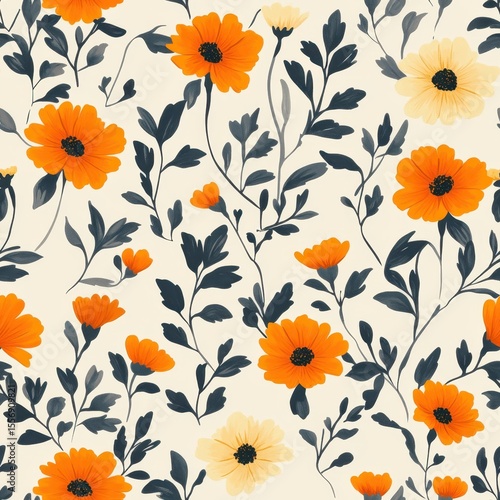 Wallpaper Mural A seamless pattern with realistic mini marigolds, mesmerizing and vibrant, minimalist design, soft colors  Torontodigital.ca