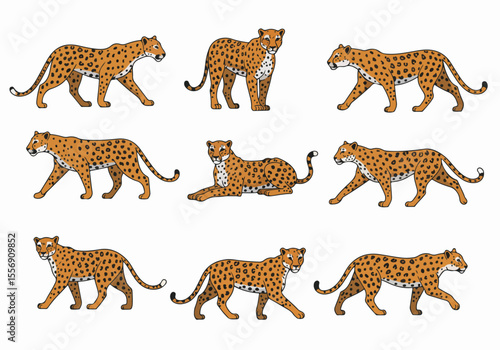 Collection of Stylized Leopard Illustrations in Various Poses on White Background