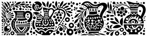 Hand‑Drawn Earthenware Teapot and Fruit Illustration, Tribal Rustic Folk Art Pattern Vector for Tea Time and Nature Adventure Themes Design