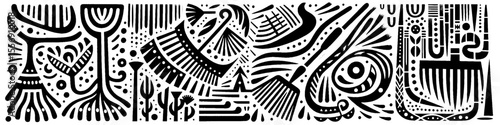 Hand‑Drawn Pitchfork and Farmer Illustration, Tribal Rural Folk Art Pattern Vector for Agriculture and Harvest Adventure Themes Design