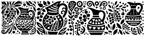 Hand‑Drawn Earthenware Teapot and Fruit Illustration, Tribal Rustic Folk Art Pattern Vector for Tea Time and Nature Adventure Themes Design