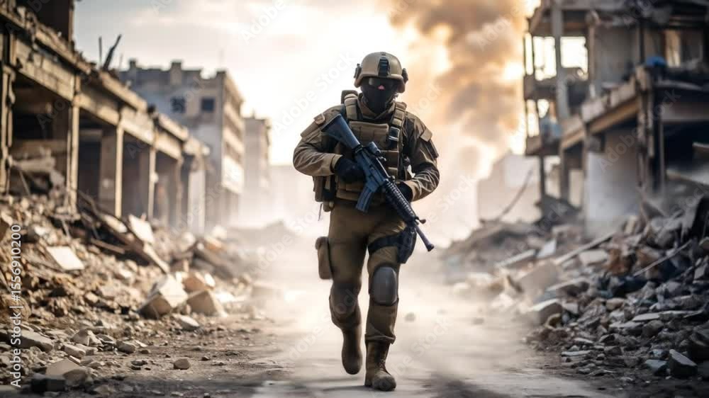 custom made wallpaper toronto digitalArmed Soldier Walking Through a Destroyed Urban Landscape with Smoke and Dust