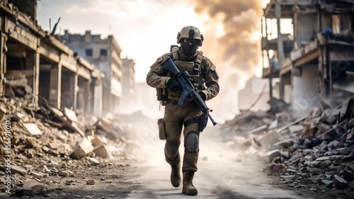 Wallpaper Mural Armed Soldier Walking Through a Destroyed Urban Landscape with Smoke and Dust Torontodigital.ca