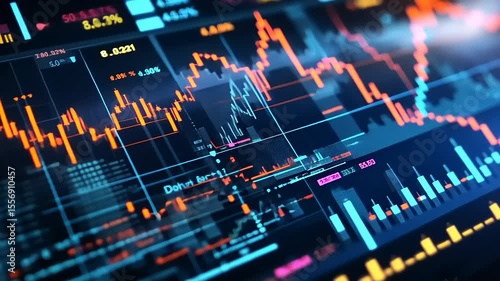 Vibrant financial market data visualization with dynamic graphs and fluctuating stock prices in background