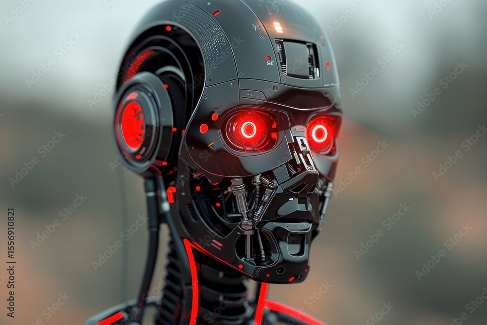 Close Up of Black Robot Face with Intense Red Glowing Eyes Close Up of Black Robot Face with Intense Red Glowing Eyes