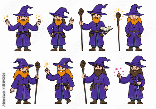Collection of Cartoon Wizard Character Poses Set with Magic Staff and Spellcasting