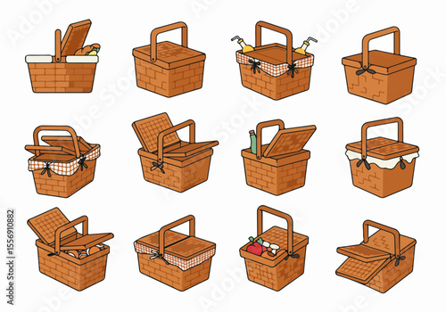 Set of illustrated picnic baskets showing various states, including open, closed, empty, and containing food or drinks.