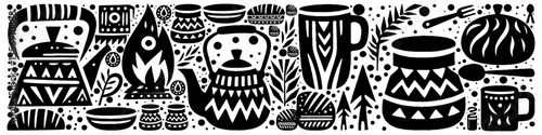 Hand‑Drawn Teapots and Bonfire Illustration, Tribal Campfire Folk Art Pattern Vector for Outdoor and Cozy Adventure Themes Design