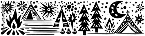 Hand‑Drawn Camping and Crescent Illustration, Tribal Night Folk Art Pattern Vector for Outdoor and Moonlight Adventure Themes Design