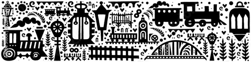 Hand‑Drawn Steam Train Illustration, Tribal Railway Folk Art Pattern Vector for Travel and Industrial Adventure Themes Design