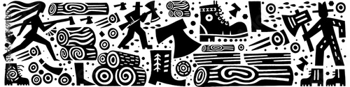 Hand‑Drawn Wood and Woodcutter Illustration, Tribal Lumber Folk Art Pattern Vector for Forest and Outdoor Adventure Themes Design