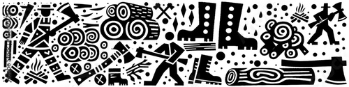 Hand‑Drawn Wood and Woodcutter Illustration, Tribal Lumber Folk Art Pattern Vector for Forest and Outdoor Adventure Themes Design