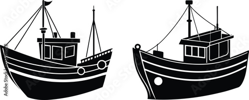 Fishing Boat Vector Illustration Retro Maritime Silhouette Art, Nautical Ship Clipart Fishing Vessel Drawing in Black and White, Sea Boat Vintage Graphic – Ocean Transport Silhouette Design.