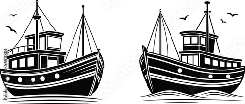 Fishing Boat Vector Illustration Retro Maritime Silhouette Art, Nautical Ship Clipart Fishing Vessel Drawing in Black and White, Sea Boat Vintage Graphic – Ocean Transport Silhouette Design.