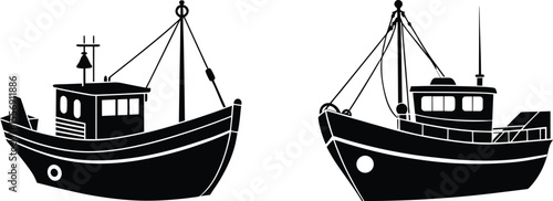 Fishing Boat Vector Illustration Retro Maritime Silhouette Art, Nautical Ship Clipart Fishing Vessel Drawing in Black and White, Sea Boat Vintage Graphic – Ocean Transport Silhouette Design.