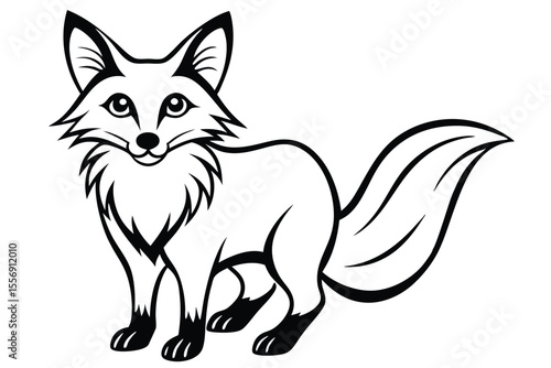 Outlined fox with a bushy tail stands patiently facing forward in this monochrome image