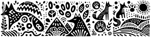 Hand‑Drawn Fox and Mountain Illustration, Tribal Wilderness Folk Art Pattern Vector for Nature and Adventure Theme Designs