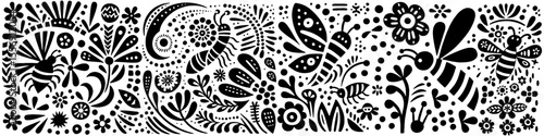 Hand‑Drawn Insect Bee and Flowers Illustration, Tribal Garden Folk Art Pattern Vector for Nature and Pollination Theme Designs