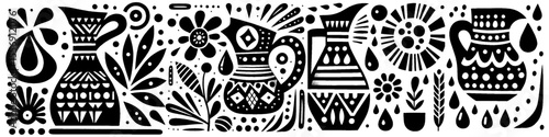 Hand‑Drawn Ceramic Clay Pottery Illustration, Tribal Artisan Folk Art Pattern Vector for Craft and Handmade Home Decor Theme Designs