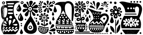 Hand‑Drawn Ceramic Clay Pottery and Flowers Illustration, Tribal Floral Folk Art Pattern Vector for Handmade Decor and Botanical Theme Designs