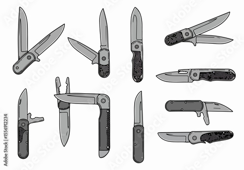 Vector illustrations set of various folding pocket knives and multi-tools in different states, isolated on a white background.