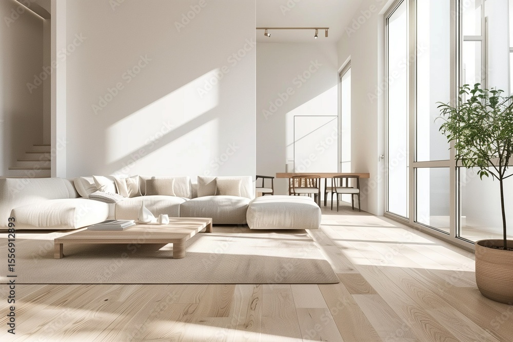 Sunlit modern minimalist living room with light wooden floor, neutral colors, clean furniture layout, Scandinavian design. Sunlit modern minimalist living room with light wooden floor, neutral colors, clean furniture layout, Scandinavian design.