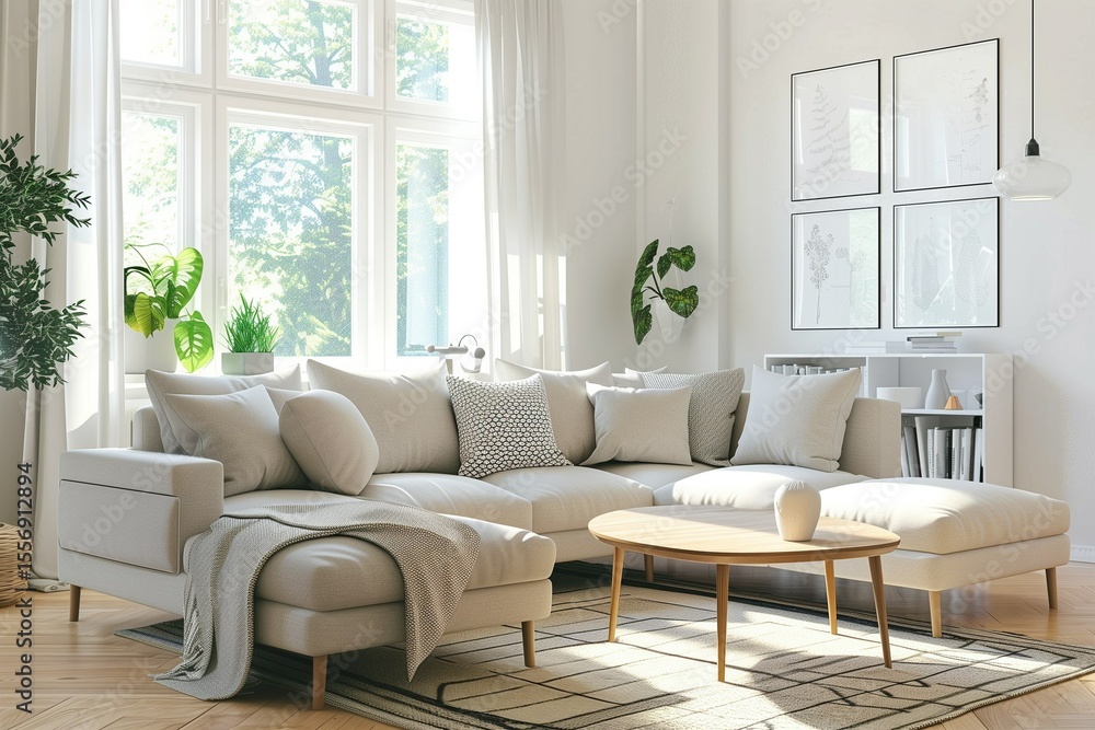 Sunlit modern minimalist living room with light wooden floor, neutral colors, clean furniture layout, Scandinavian design. Sunlit modern minimalist living room with light wooden floor, neutral colors, clean furniture layout, Scandinavian design.
