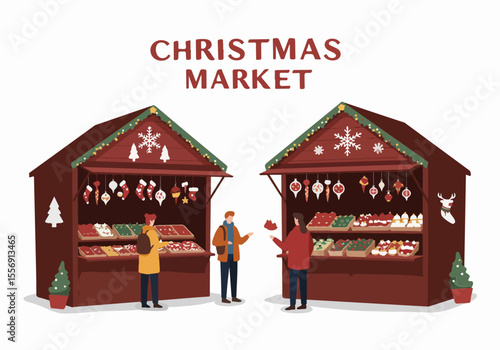Flat vector illustration of a festive Christmas market scene with people browsing stalls decorated for the holiday season.