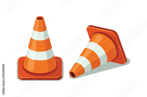 Vector illustration of plastic barrier and traffic cone and helm, construction and safety tool, white and orange traffic cone, red plastic barrier blocking pathway