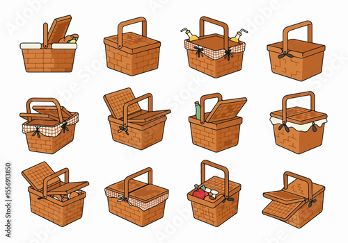 A collection of various brown wicker picnic baskets in different positions, some open and containing food and drinks, isolated on a white background.