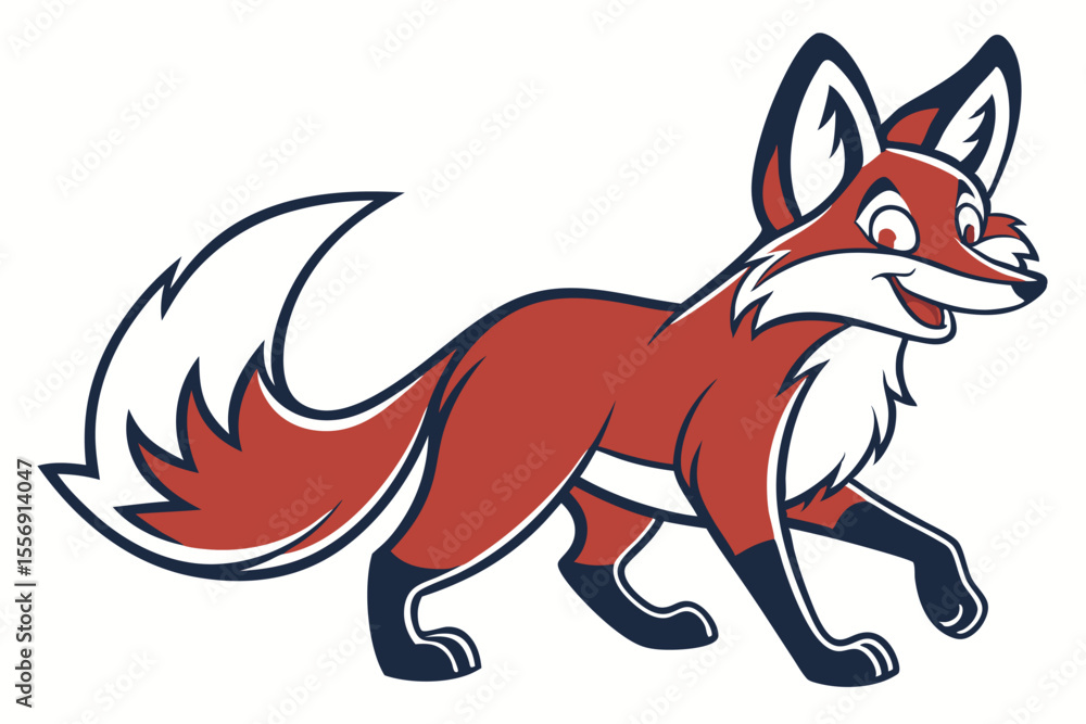 Cartoon fox with a red coat and bushy white tail is confidently walking Cartoon fox with a red coat and bushy white tail is confidently walking