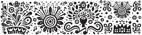 Hand‑Drawn Music Notes and Flowers Illustration, Tribal Artistic Folk Art Pattern Vector for Creative and Nature Theme Designs
