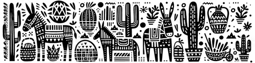 Hand‑Drawn Donkey and Cactus Illustration, Tribal Desert Folk Art Pattern Vector for Southwestern and Rural Theme Designs