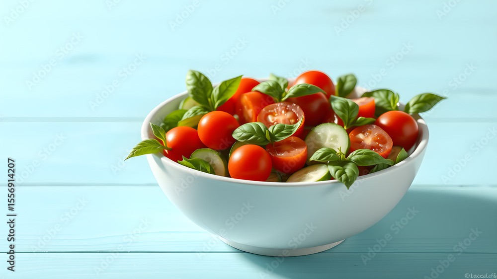 Fresh Tomato and Cucumber Salad with Basil in a White Bowl on a Light Blue Wooden Table tomato salad Fresh Tomato and Cucumber Salad with Basil in a White Bowl on a Light Blue Wooden Table tomato salad